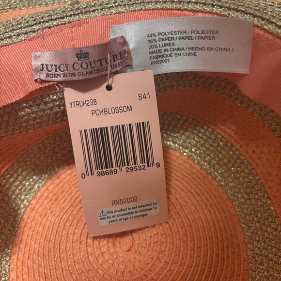 Juicy Couture Coral Striped Straw Sunhat NWT Women’s Summer Beach Hat One Size - Picture 4 of 4